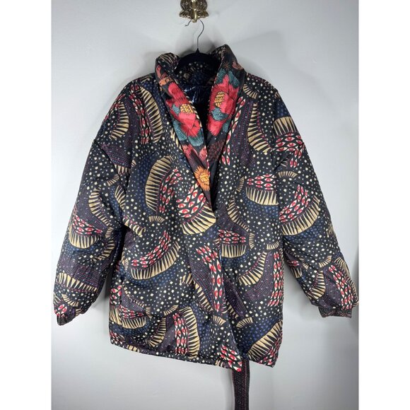 FARM Rio Black Wild Bananas Metallic Reversible puffer Jacket Belt Size L NWT - Picture 11 of 13